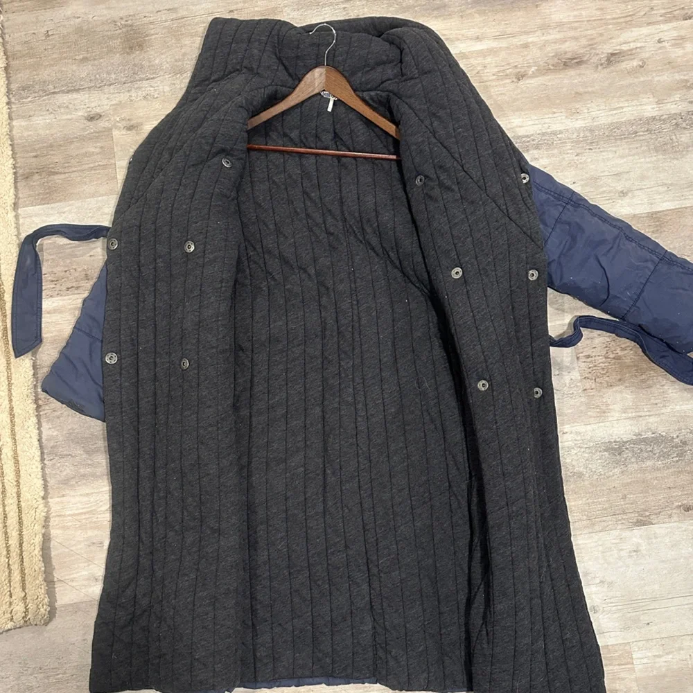 Free People Navy and Charcoal Hooded Poplin Blanket Coat